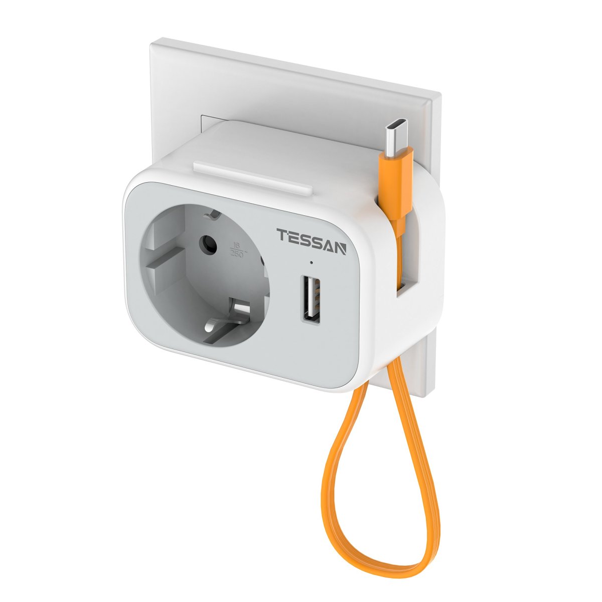 TESSAN European Wall Socket with 20cm Type-C Cable, Multiple Plugs with DE Outlet and USB