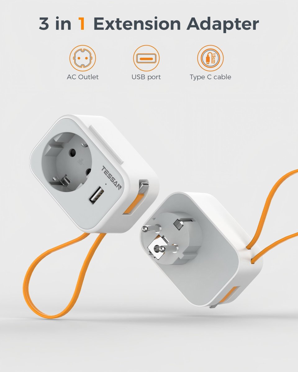 TESSAN European Wall Socket with 20cm Type-C Cable, Multiple Plugs with DE Outlet and USB
