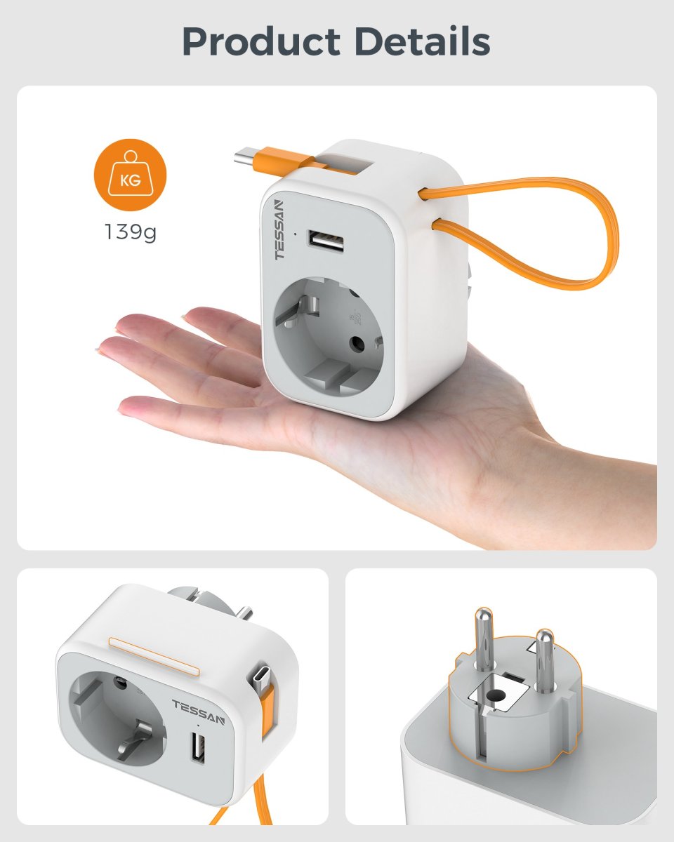 TESSAN European Wall Socket with 20cm Type-C Cable, Multiple Plugs with DE Outlet and USB
