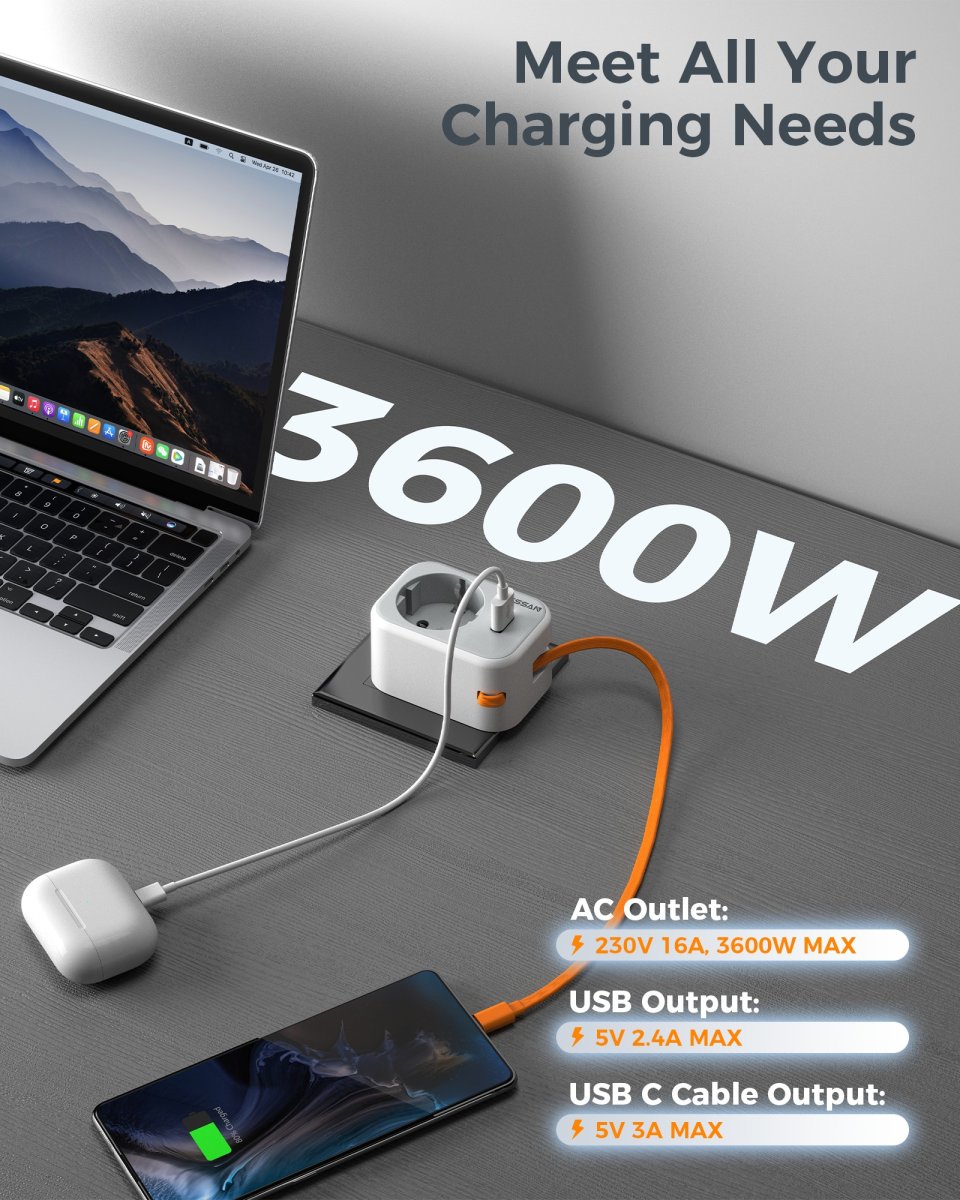 TESSAN European Wall Socket with 20cm Type-C Cable, Multiple Plugs with DE Outlet and USB