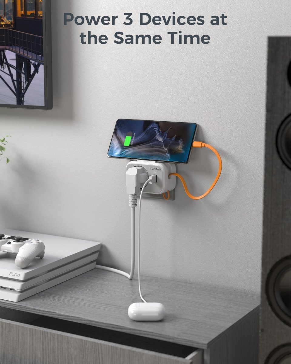 TESSAN European Wall Socket with 20cm Type-C Cable, Multiple Plugs with DE Outlet and USB