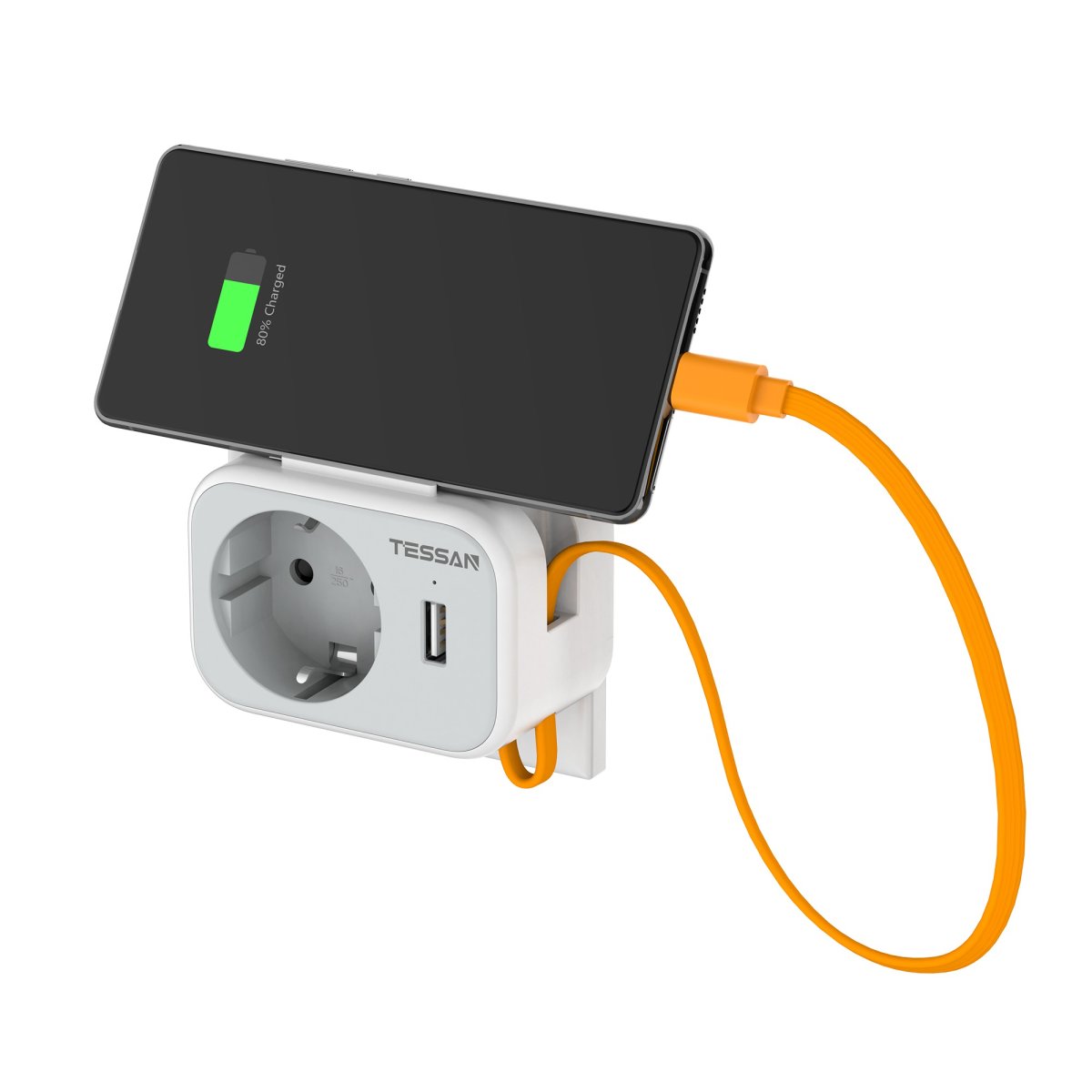 TESSAN European Wall Socket with 20cm Type-C Cable, Multiple Plugs with DE Outlet and USB