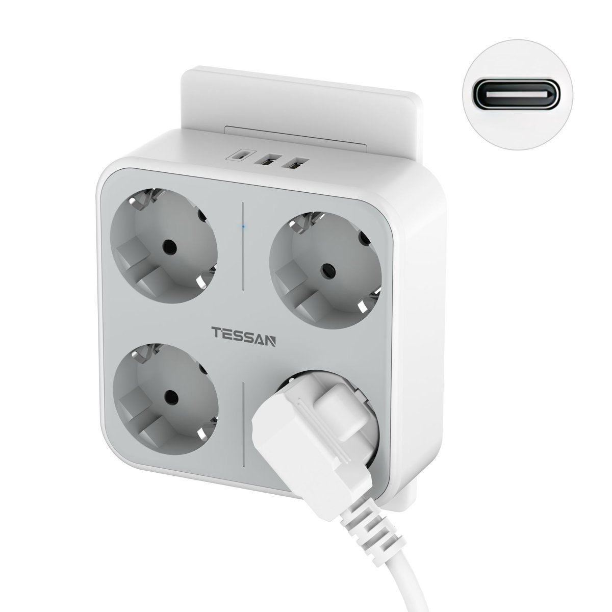 TESSAN European Wall Socket with USB C, Multi-Socket with 4 DE Outlets and 3 USB, 7-in-1 Multiple Plug with Switch