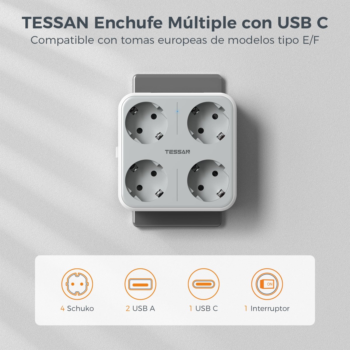 TESSAN European Wall Socket with USB C, Multi-Socket with 4 DE Outlets and 3 USB, 7-in-1 Multiple Plug with Switch
