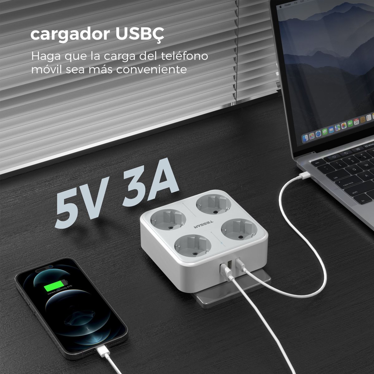 TESSAN European Wall Socket with USB C, Multi-Socket with 4 DE Outlets and 3 USB, 7-in-1 Multiple Plug with Switch