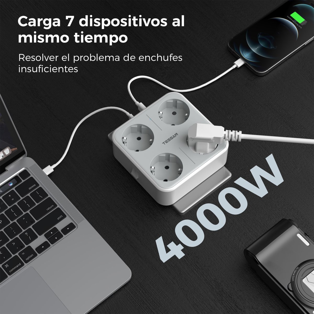 TESSAN European Wall Socket with USB C, Multi-Socket with 4 DE Outlets and 3 USB, 7-in-1 Multiple Plug with Switch