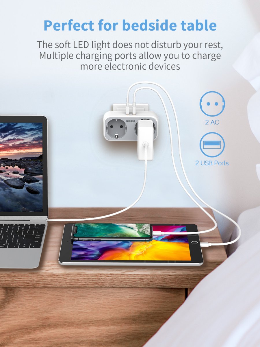 TESSAN European Wall Socket with USB C, Multiple Socket Adapter Plug, Multiple Plugs with 25W Fast Charging