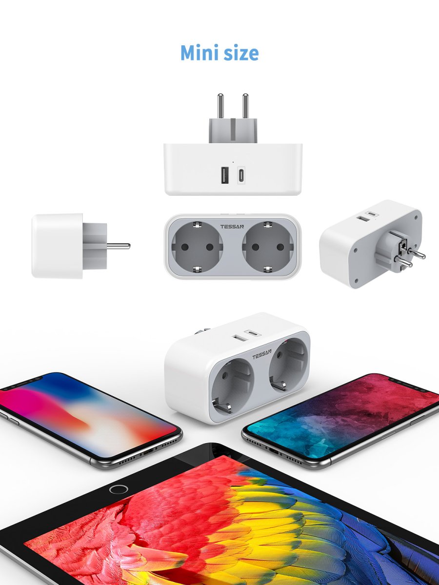 TESSAN European Wall Socket with USB C, Multiple Socket Adapter Plug, Multiple Plugs with 25W Fast Charging