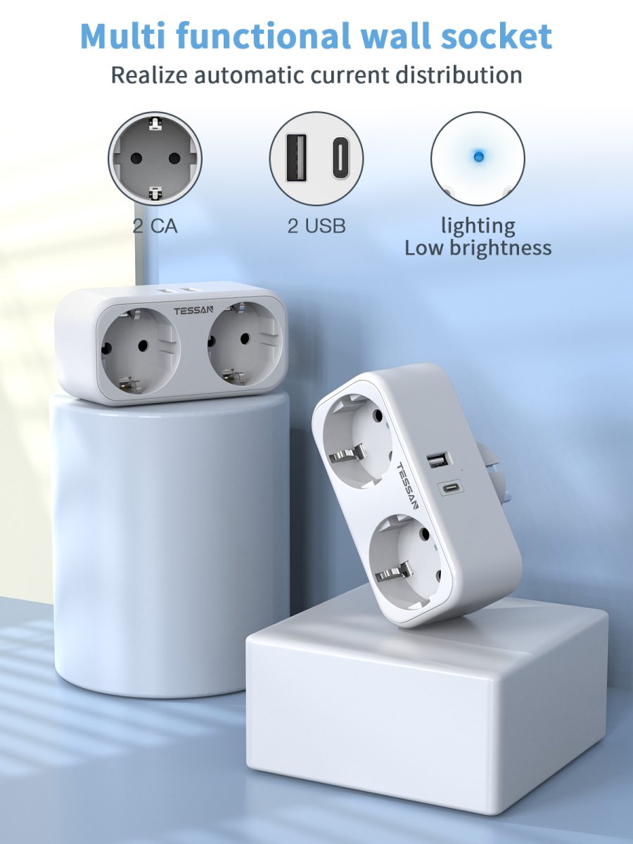 TESSAN European Wall Socket with USB C, Multiple Socket Adapter Plug, Multiple Plugs with 25W Fast Charging