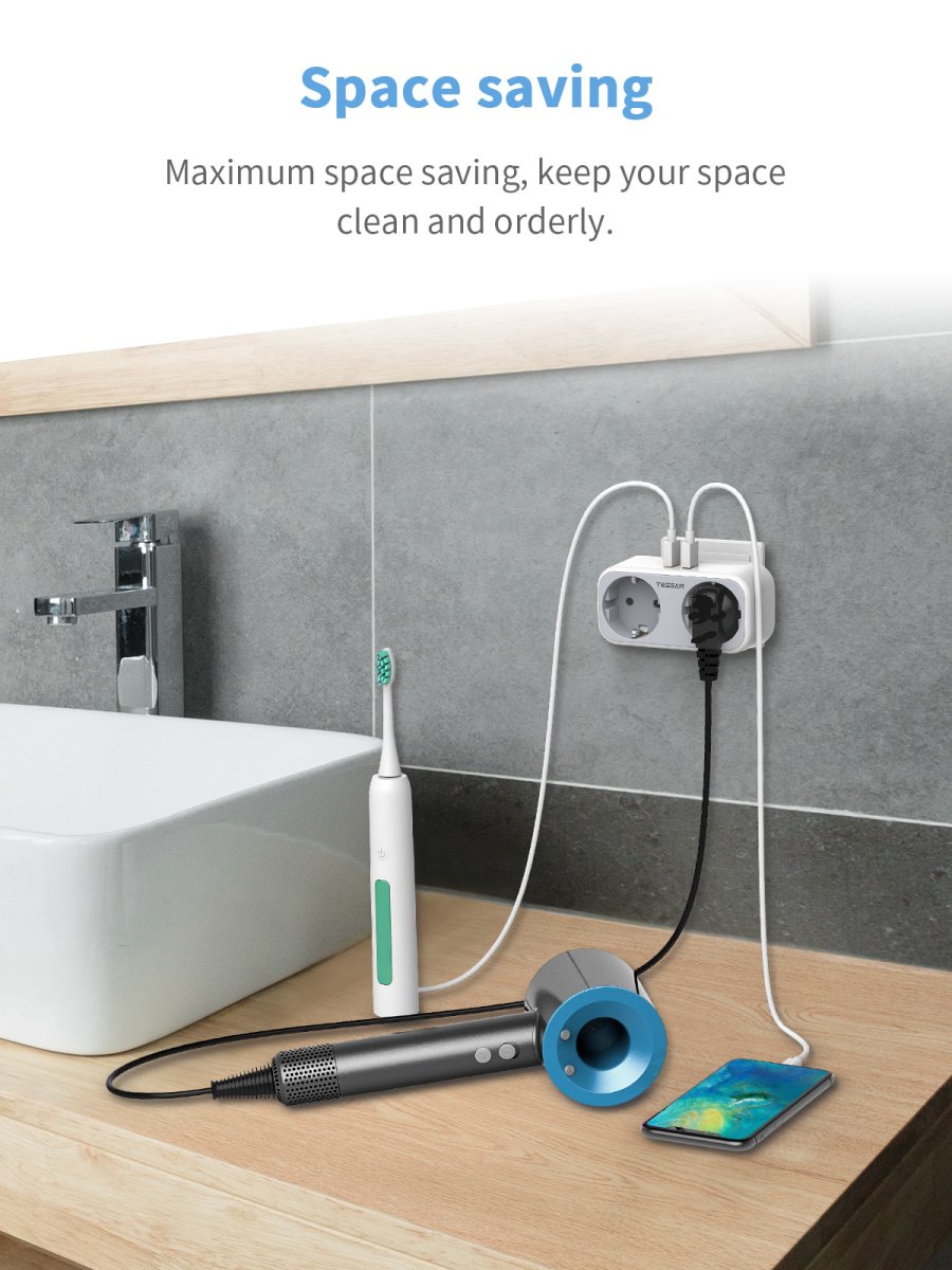 TESSAN European Wall Socket with USB C, Multiple Socket Adapter Plug, Multiple Plugs with 25W Fast Charging
