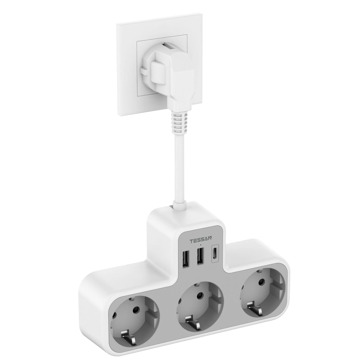 TESSAN European Wall Sockets with 15CM Cable, Multiple Plugs with 3 DE Outlets and USB C