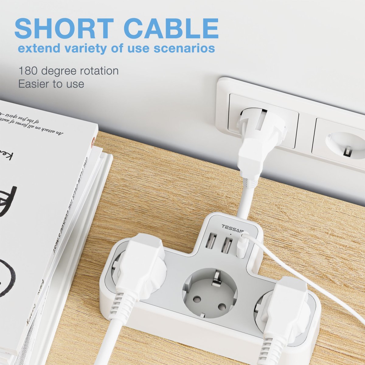 TESSAN European Wall Sockets with 15CM Cable, Multiple Plugs with 3 DE Outlets and USB C