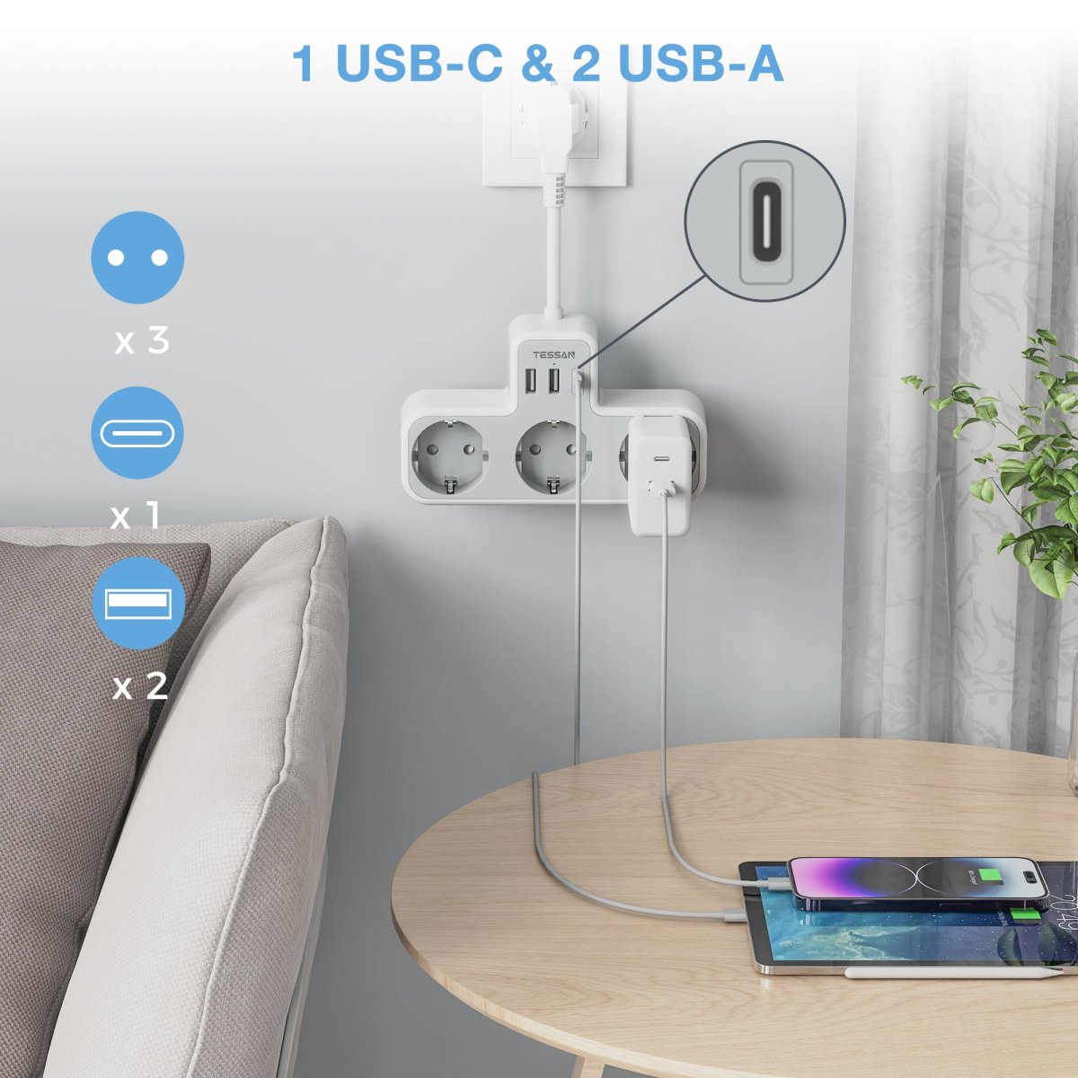 TESSAN European Wall Sockets with 15CM Cable, Multiple Plugs with 3 DE Outlets and USB C