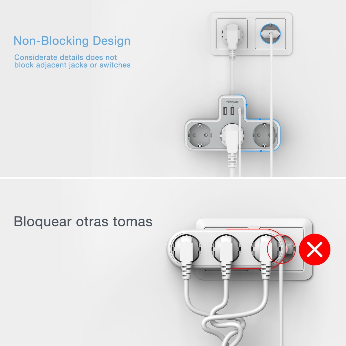 TESSAN European Wall Sockets with 15CM Cable, Multiple Plugs with 3 DE Outlets and USB C