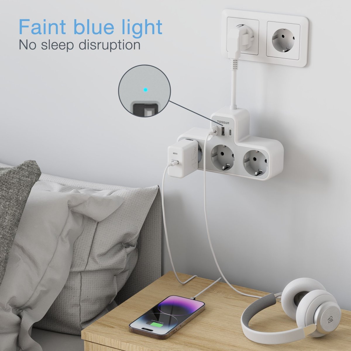 TESSAN European Wall Sockets with 15CM Cable, Multiple Plugs with 3 DE Outlets and USB C