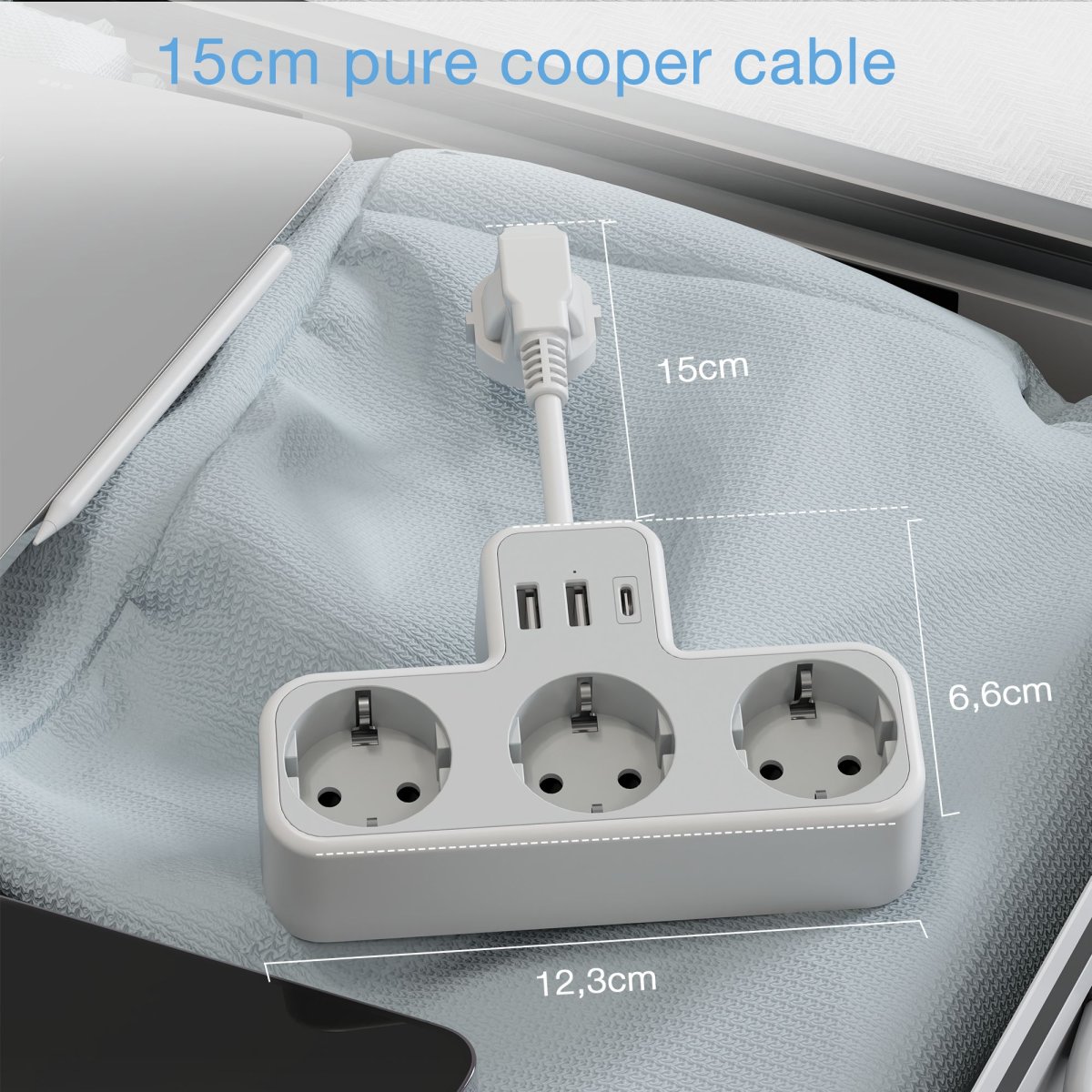 TESSAN European Wall Sockets with 15CM Cable, Multiple Plugs with 3 DE Outlets and USB C