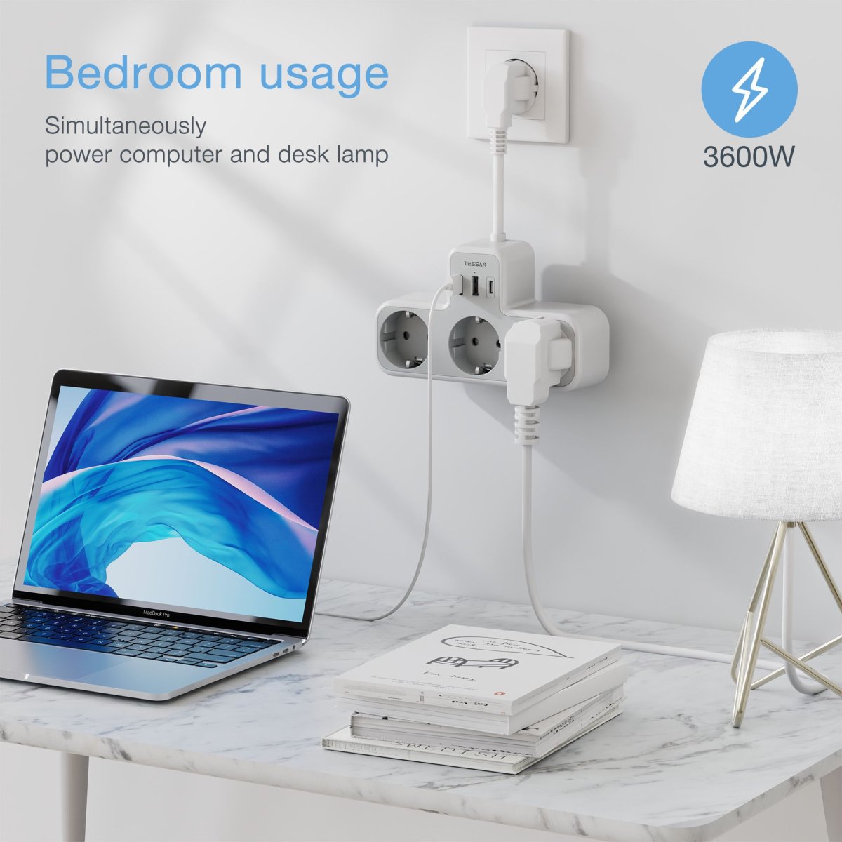 TESSAN European Wall Sockets with 15CM Cable, Multiple Plugs with 3 DE Outlets and USB C