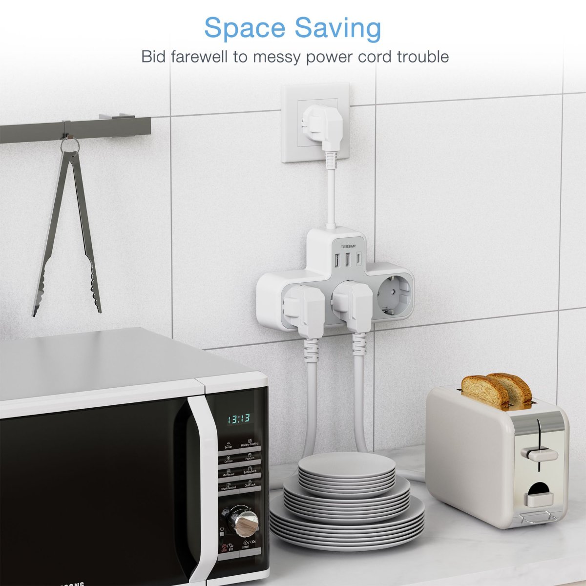 TESSAN European Wall Sockets with 15CM Cable, Multiple Plugs with 3 DE Outlets and USB C