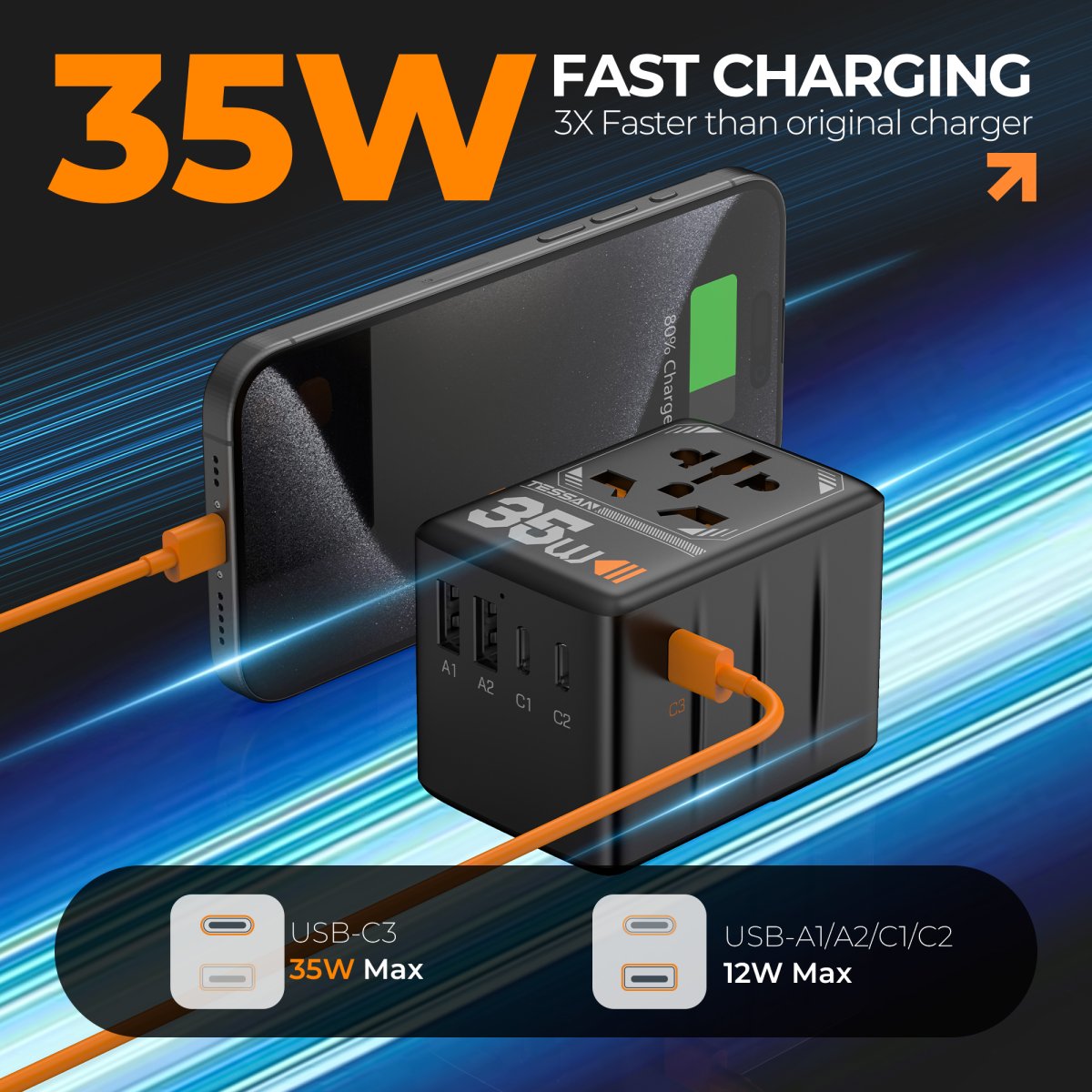 TESSAN – International 35W Travel Adaptor with 3 USB C & 2 USB Charging Ports