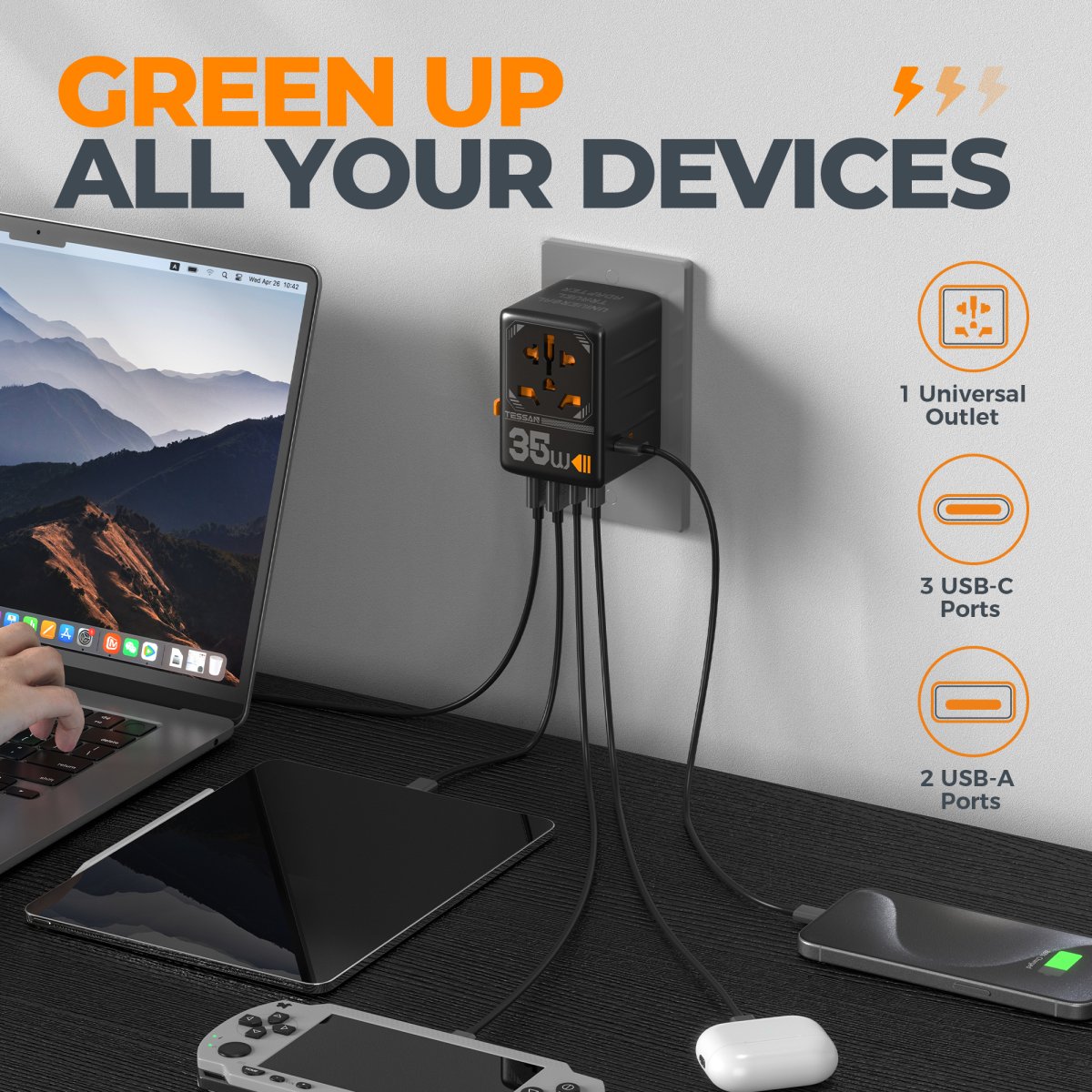 TESSAN – International 35W Travel Adaptor with 3 USB C & 2 USB Charging Ports