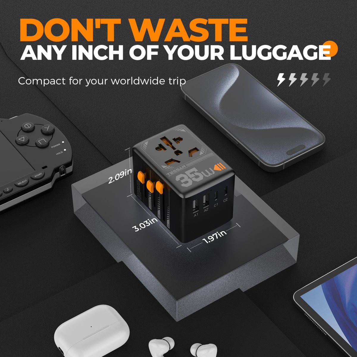TESSAN – International 35W Travel Adaptor with 3 USB C & 2 USB Charging Ports