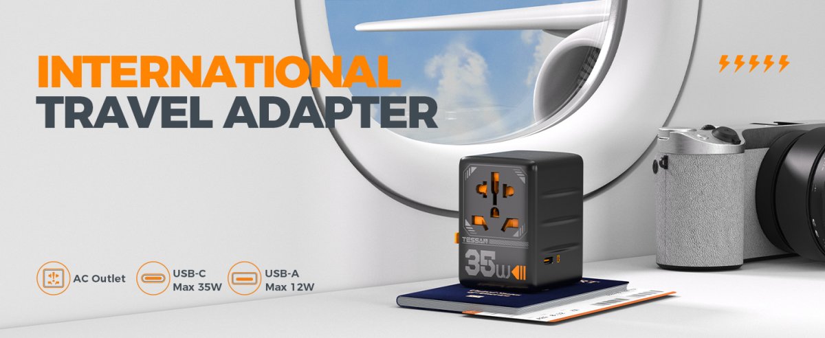 TESSAN – International 35W Travel Adaptor with 3 USB C & 2 USB Charging Ports