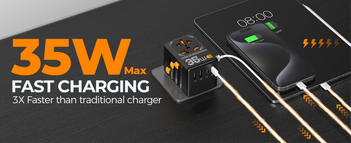 TESSAN – International 35W Travel Adaptor with 3 USB C & 2 USB Charging Ports