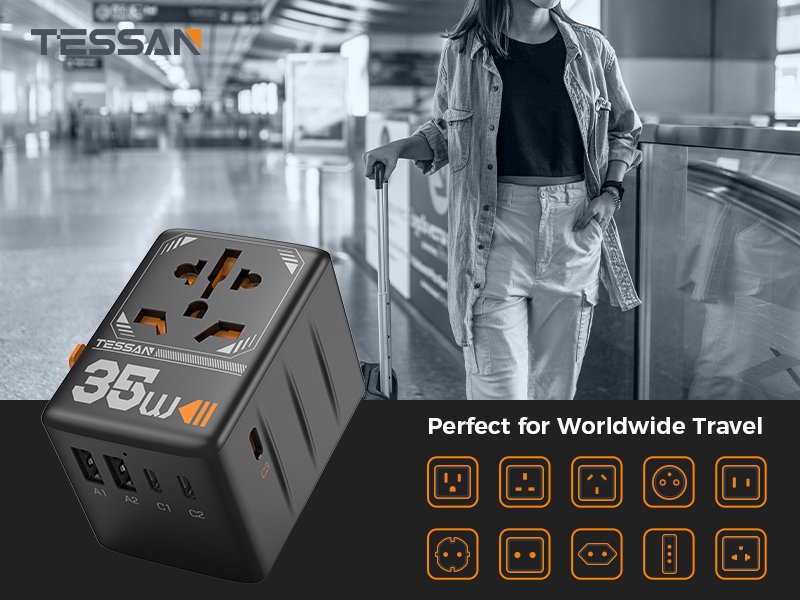 TESSAN – International 35W Travel Adaptor with 3 USB C & 2 USB Charging Ports
