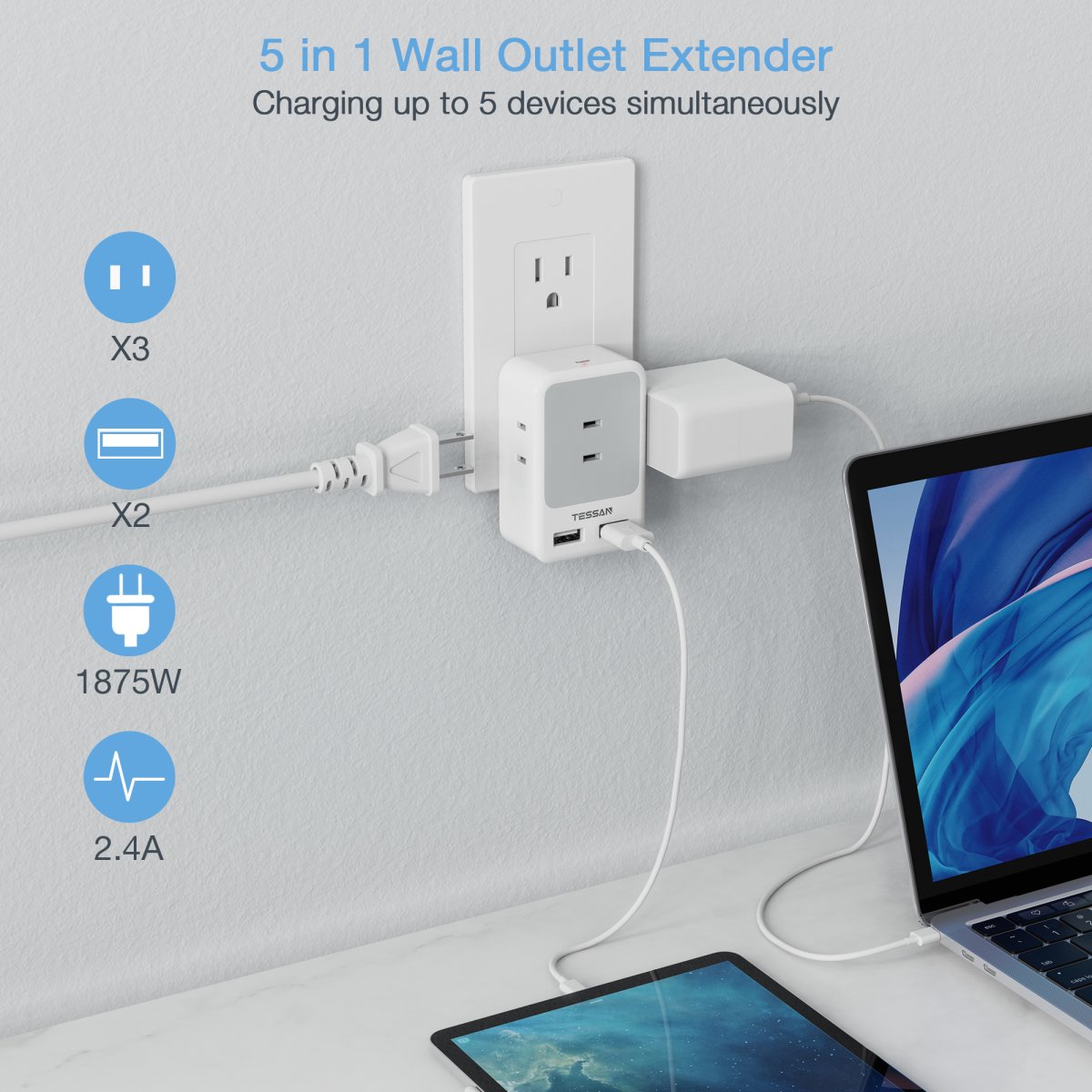 TESSAN Japan Small 5 in 1 USB Wall Socket With 90° Foldable Design