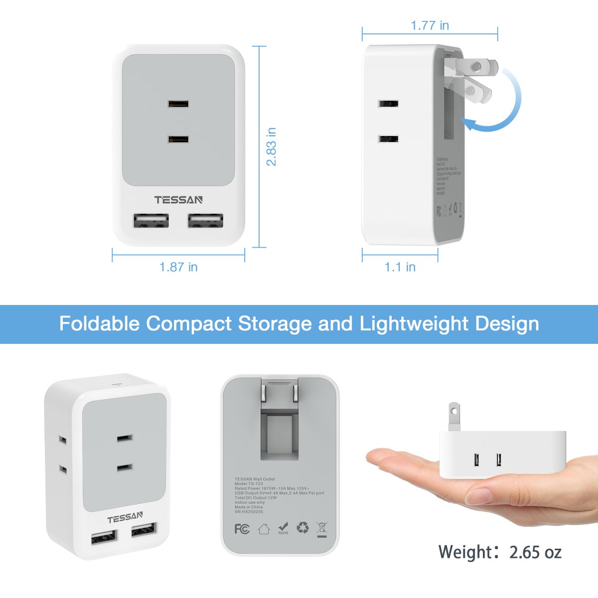 TESSAN Japan Small 5 in 1 USB Wall Socket With 90° Foldable Design