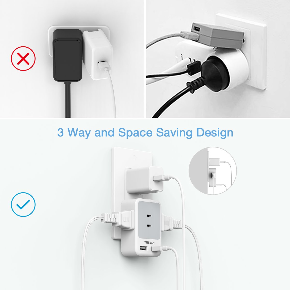 TESSAN Japan Small 5 in 1 USB Wall Socket With 90° Foldable Design
