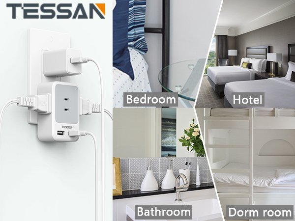 TESSAN Japan Small 5 in 1 USB Wall Socket With 90° Foldable Design