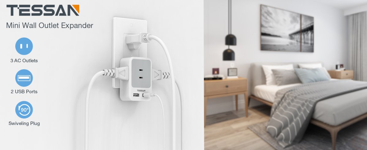 TESSAN Japan Small 5 in 1 USB Wall Socket With 90° Foldable Design