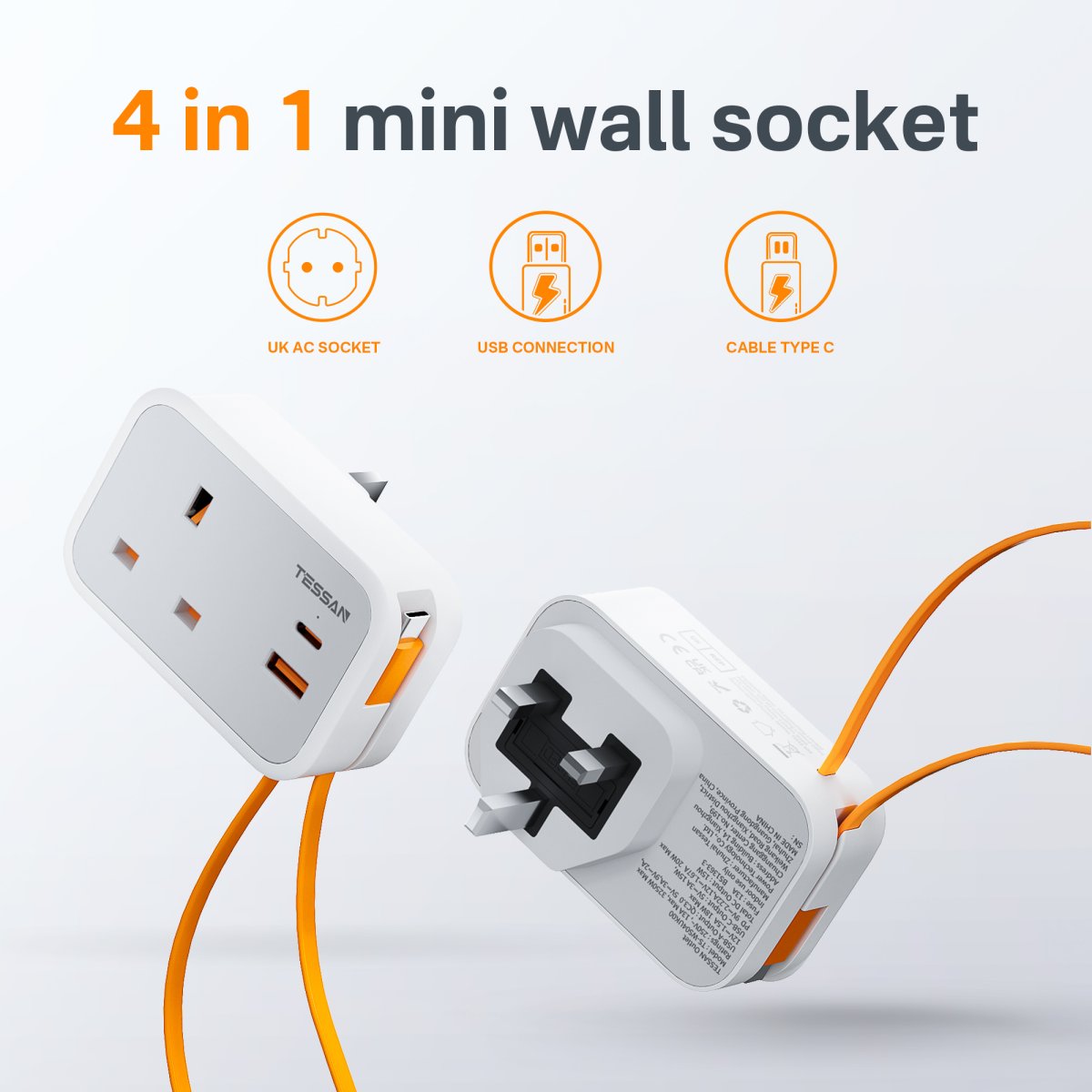 TESSAN Small 4 in 1 UK/UAE/KSA Wall Adapter With 1 USB-A &2 Type-C PD 20W With Portable Cable