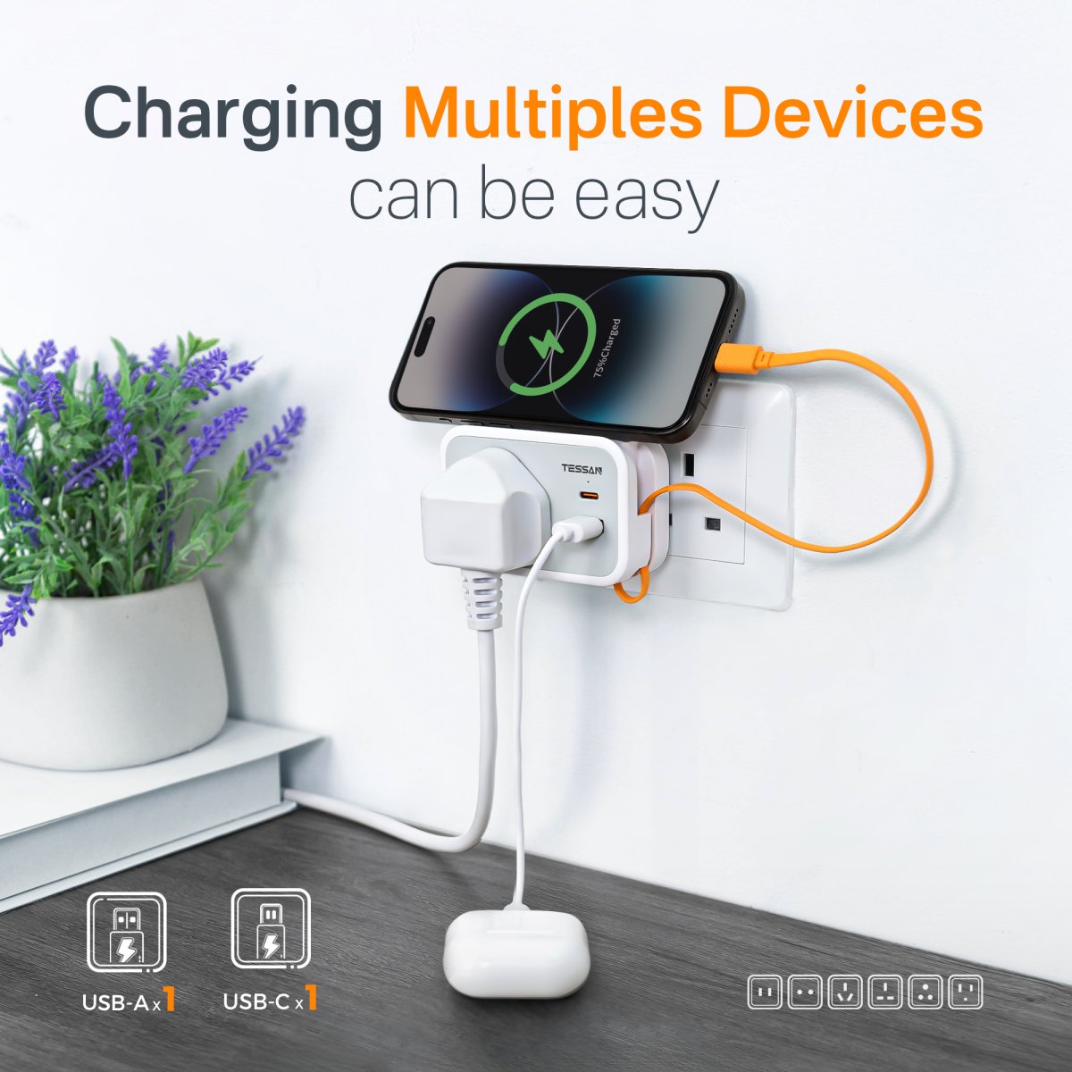 TESSAN Small 4 in 1 UK/UAE/KSA Wall Adapter With 1 USB-A &2 Type-C PD 20W With Portable Cable