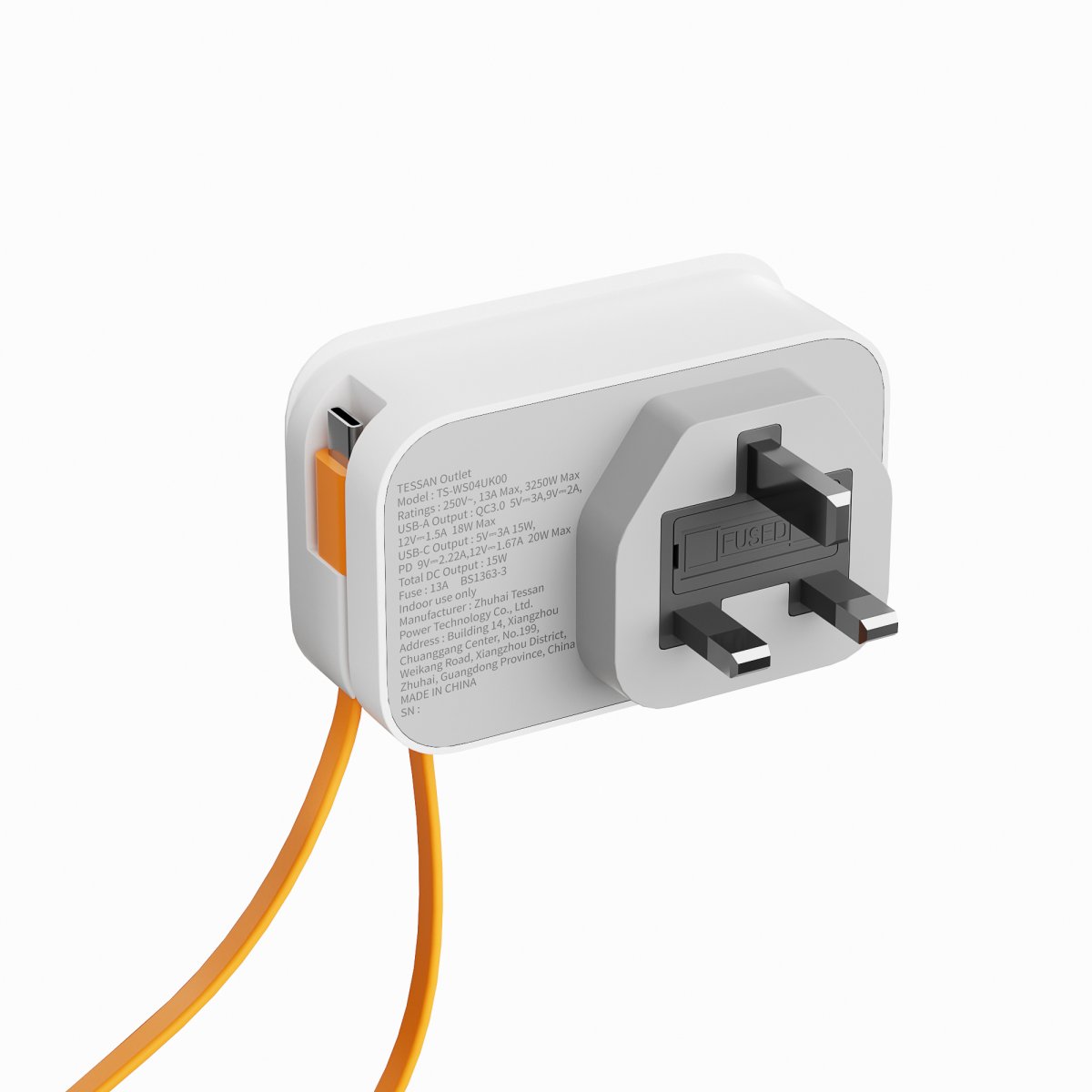 TESSAN Small 4 in 1 UK/UAE/KSA Wall Adapter With 1 USB-A &2 Type-C PD 20W With Portable Cable