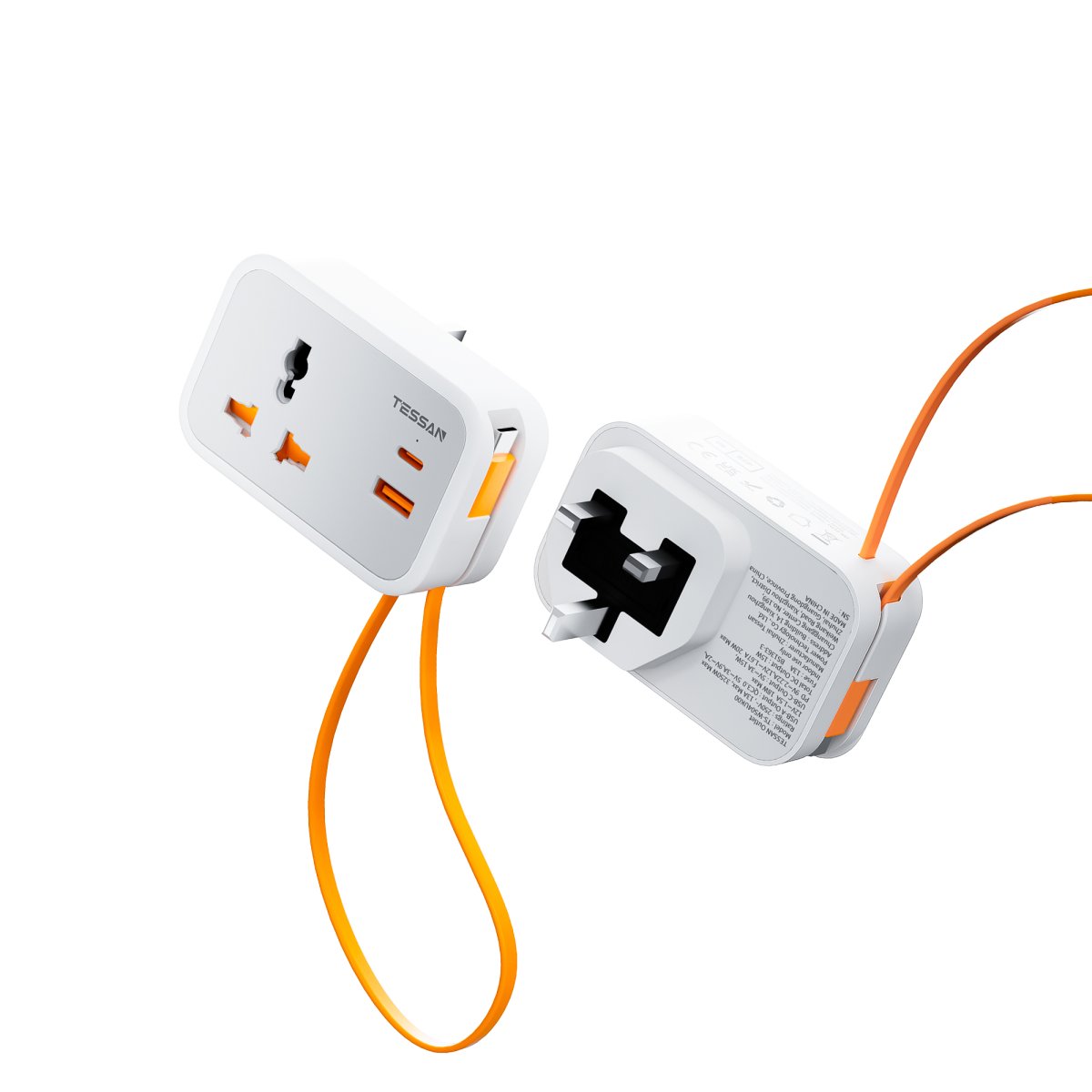 TESSAN Small Universal Wall Adapter For UK/European/India 1 USB-A &2 Type-C PD 20W With Portable Cable