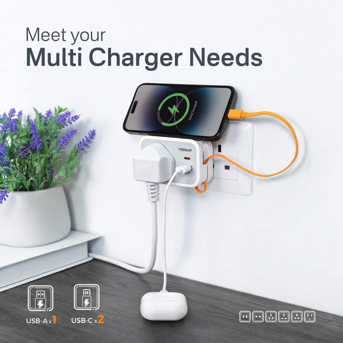 TESSAN Small Universal Wall Adapter For UK/European/India 1 USB-A &2 Type-C PD 20W With Portable Cable