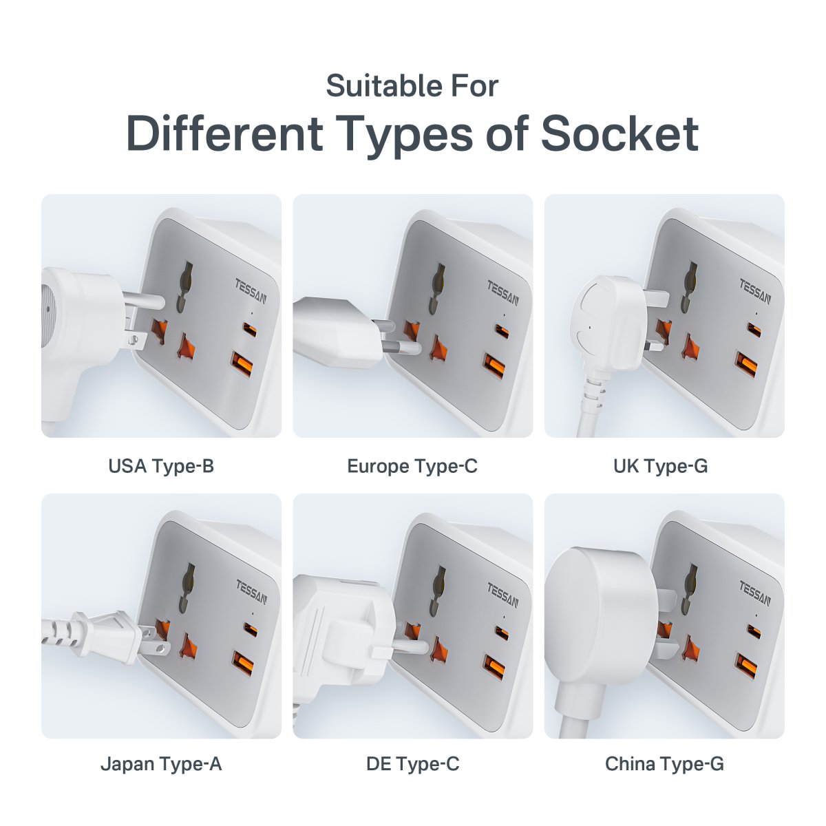 TESSAN Small Universal Wall Adapter For UK/European/India 1 USB-A &2 Type-C PD 20W With Portable Cable