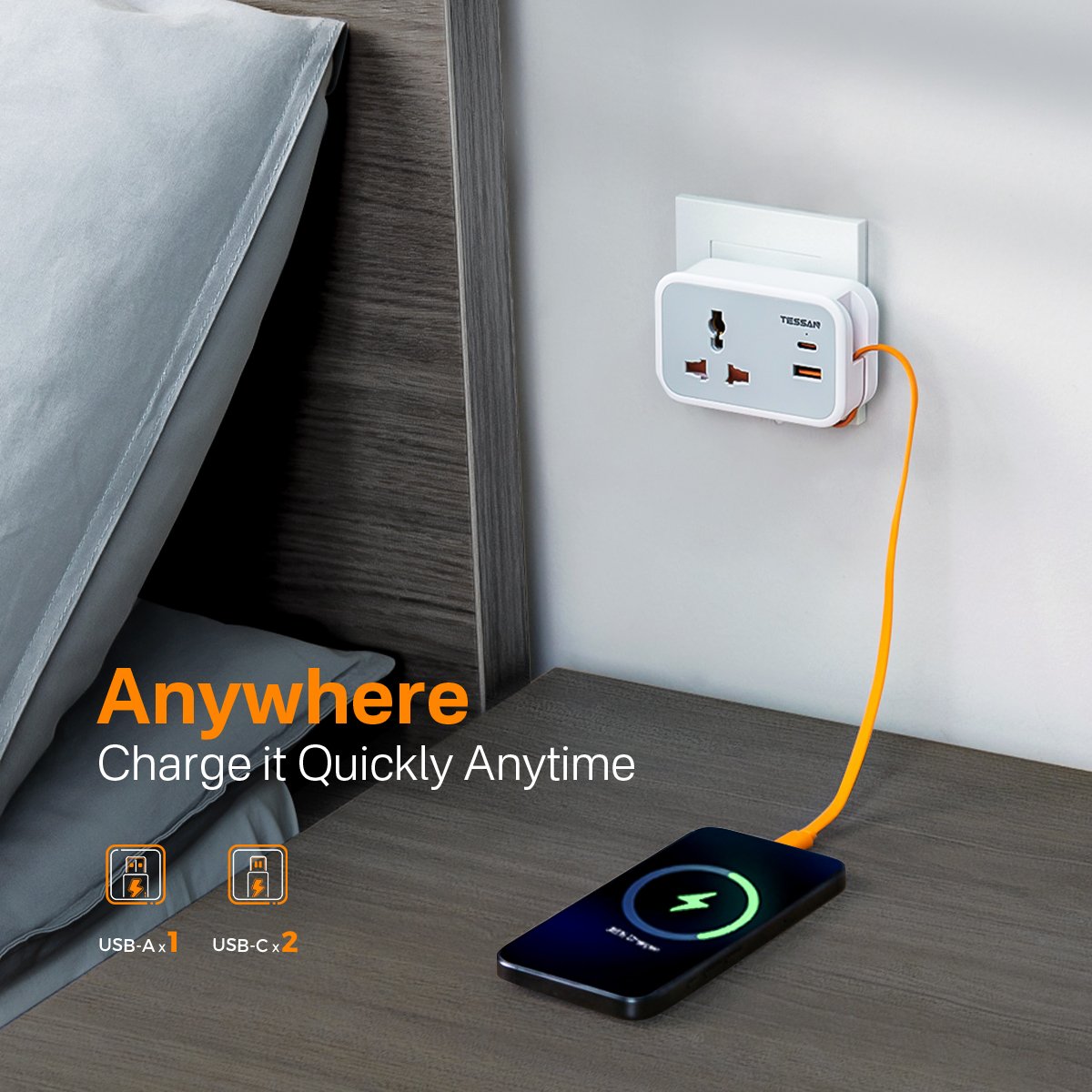 TESSAN Small Universal Wall Adapter For UK/European/India 1 USB-A &2 Type-C PD 20W With Portable Cable