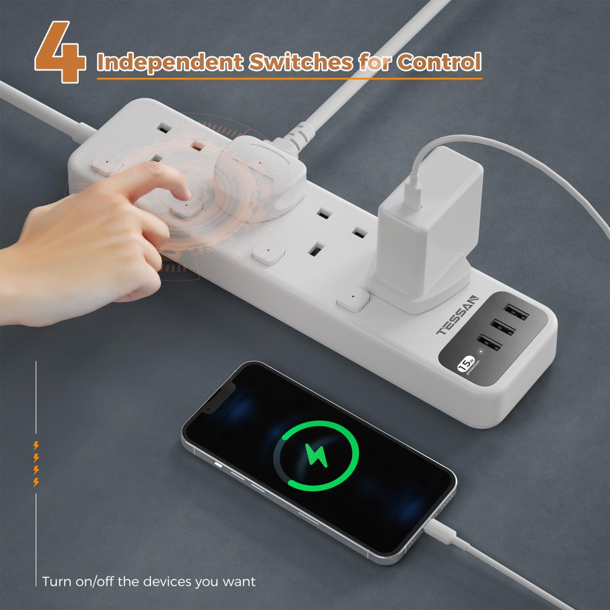 TESSAN UAE/KSA/Middle East Extension Lead 3 USB Slots 4 Way Multi Plug Extender with Individual Switches Wall Mount Socket Extension Cable