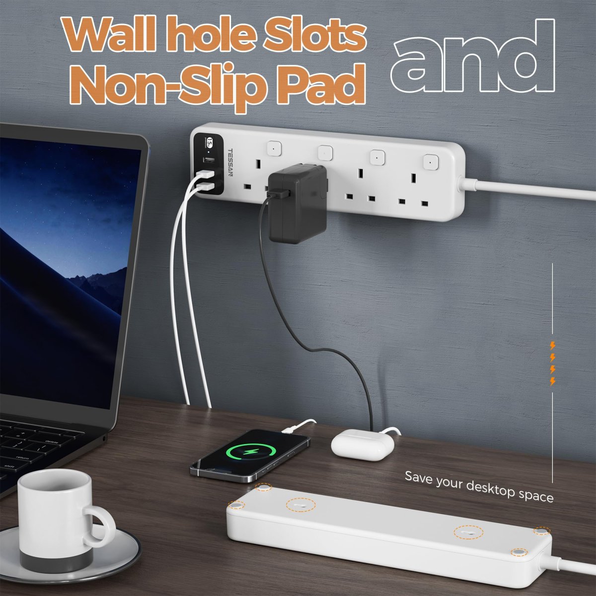 TESSAN UAE/KSA/Middle East Extension Lead 3 USB Slots 4 Way Multi Plug Extender with Individual Switches Wall Mount Socket Extension Cable