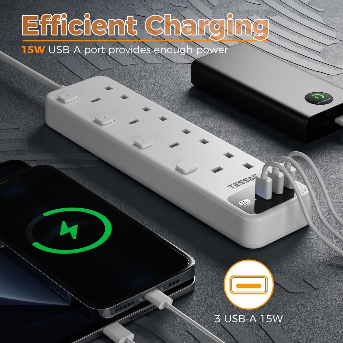 TESSAN UAE/KSA/Middle East Extension Lead 3 USB Slots 4 Way Multi Plug Extender with Individual Switches Wall Mount Socket Extension Cable