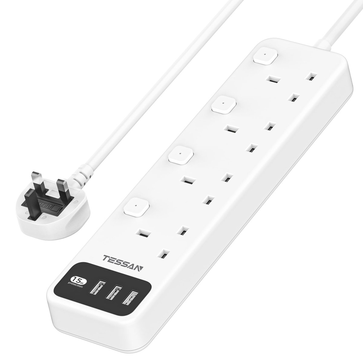 TESSAN UAE/KSA/Middle East Extension Lead 3 USB Slots 4 Way Multi Plug Extender with Individual Switches Wall Mount Socket Extension Cable