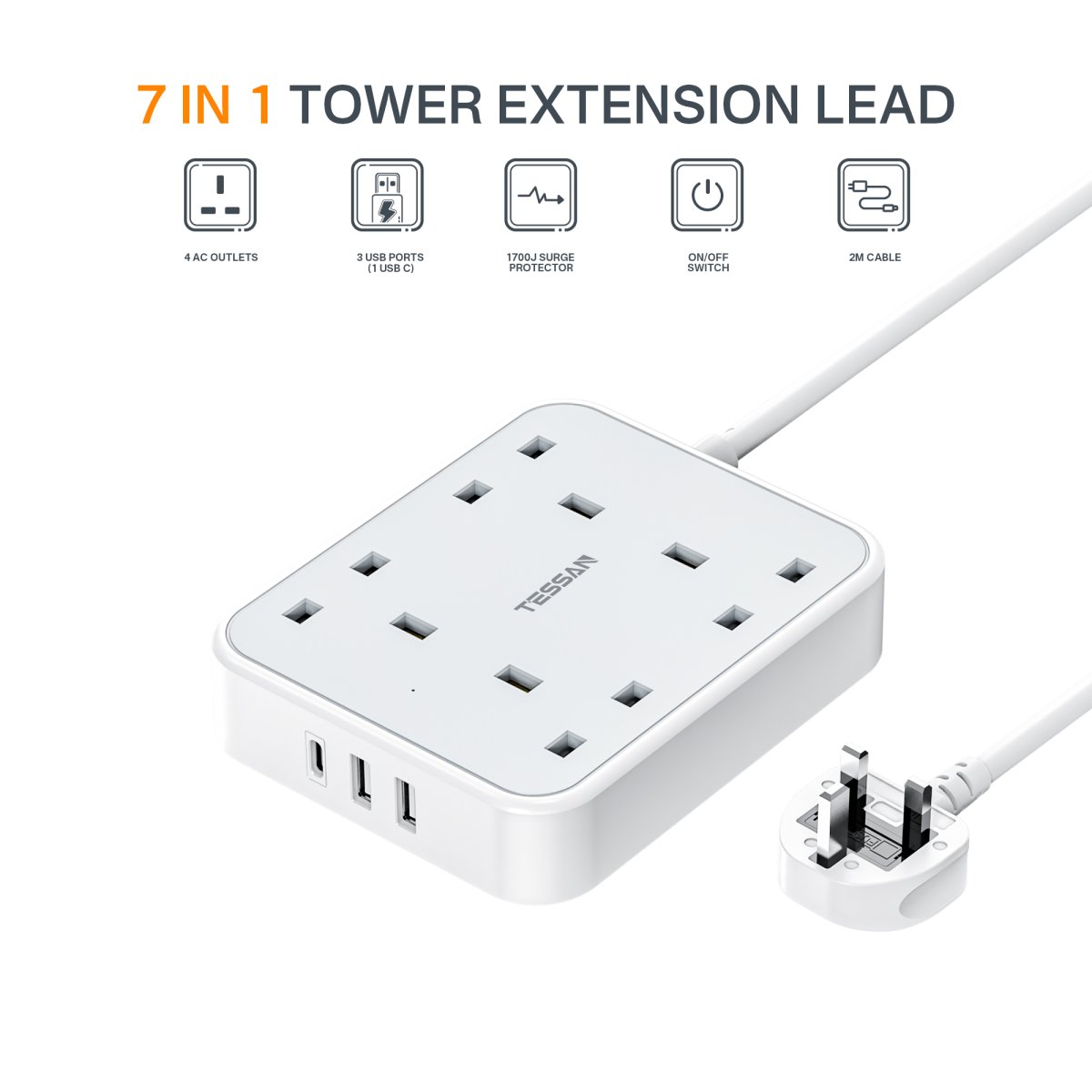 TESSAN UK 4 Outlets Extension Cord 13A 4 Way Multi Plug Extension Leads with 2M Cable and USB C