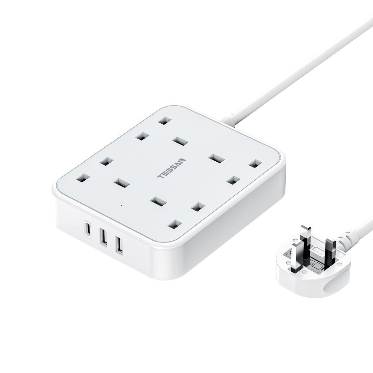 TESSAN UK 4 Outlets Extension Cord 13A 4 Way Multi Plug Extension Leads with 2M Cable and USB C