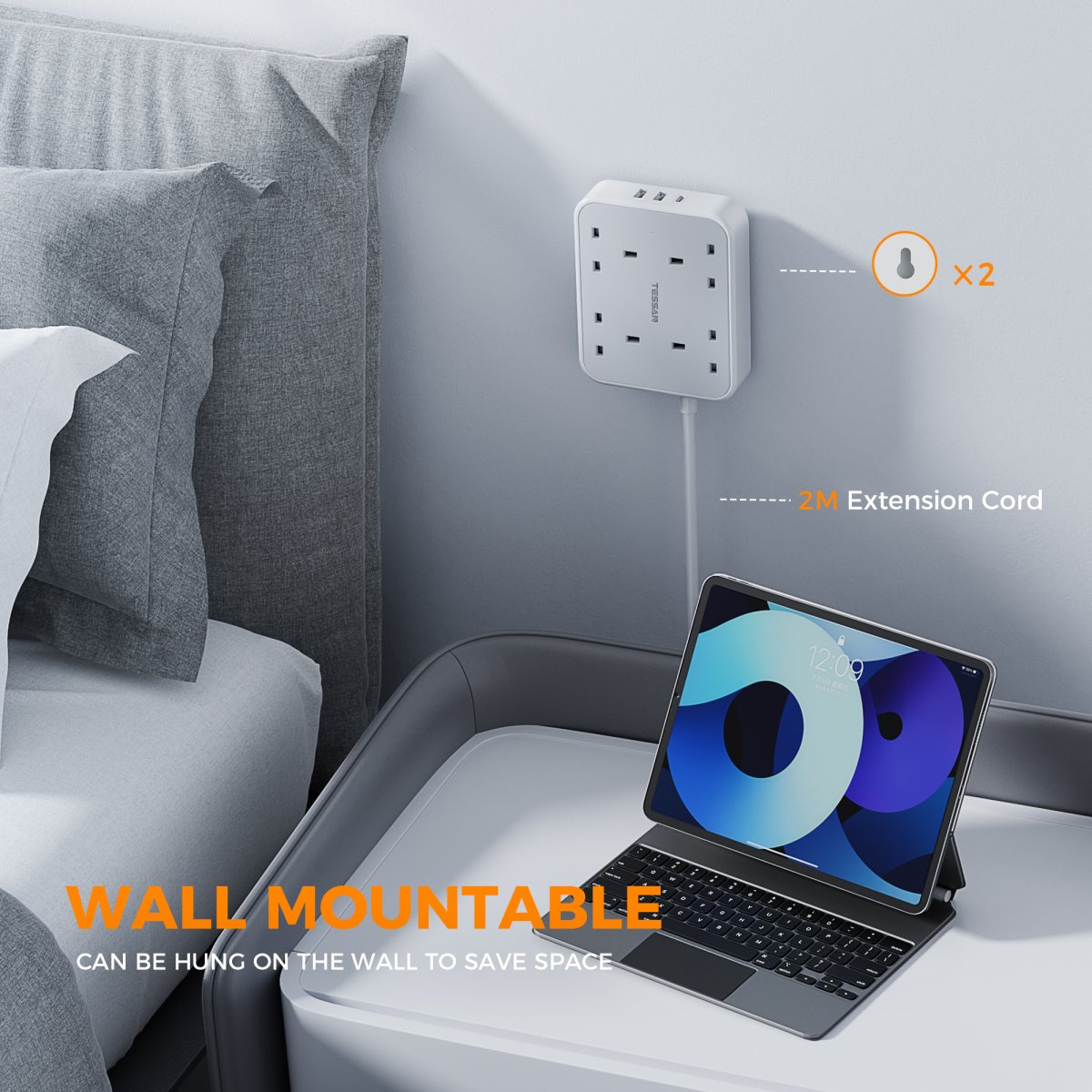 TESSAN UK 4 Outlets Extension Cord 13A 4 Way Multi Plug Extension Leads with 2M Cable and USB C