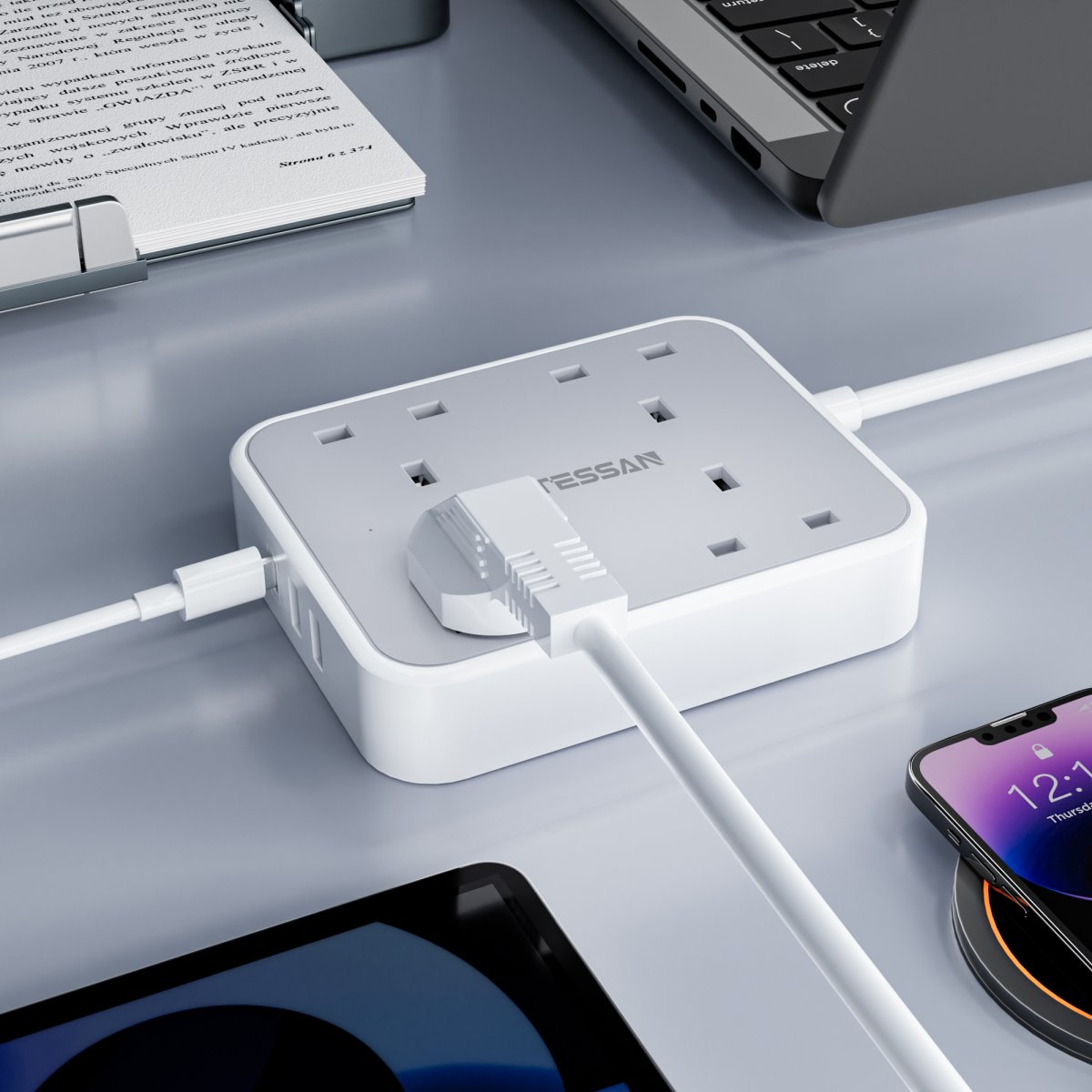TESSAN UK 4 Outlets Extension Cord 13A 4 Way Multi Plug Extension Leads with 2M Cable and USB C