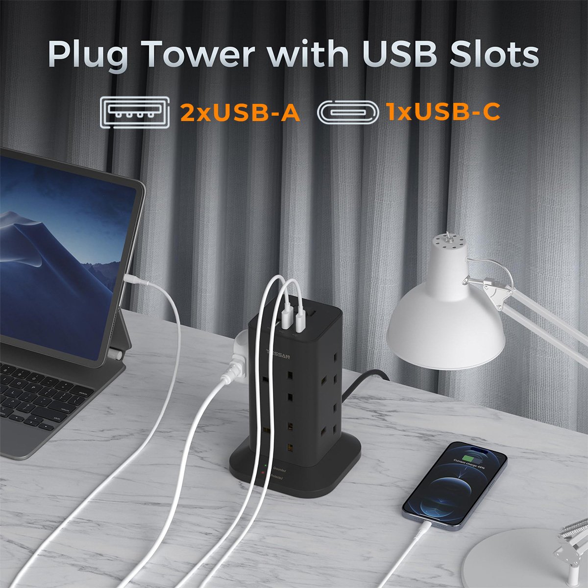 TESSAN UK Black Socket Tower 8 Outlet Plug Extension with 2 USB-A & 1 USB-C Ports