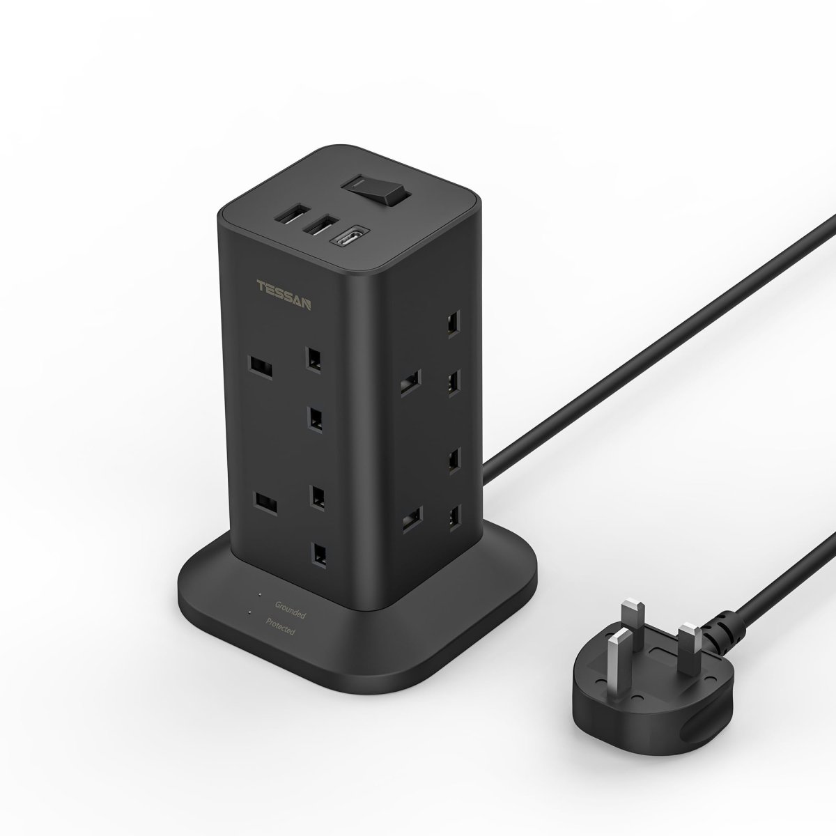 TESSAN UK Black Socket Tower 8 Outlet Plug Extension with 2 USB-A & 1 USB-C Ports